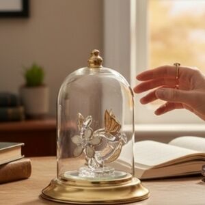 Hand-Blown Glass Hummingbird Gold Trim Glass Dome Cloche Messengers And Healing